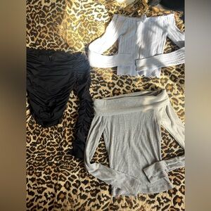 Set of 3 Off-Shoulder and Ruched Tops - Black, Light Gray, White